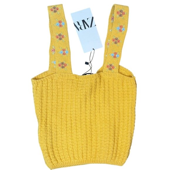 NWT ZARA Small Yellow Knit Crop Top W/ Floral Strap Dainty Detail Cotton - Picture 2 of 13